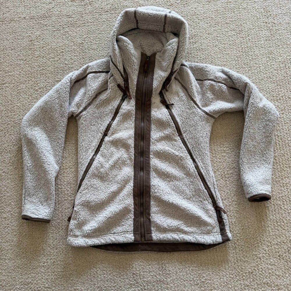 Kuhl Flight Jacket Fleece Women Oatmeal Tan Full Zip Hooded Thumbholes Size S